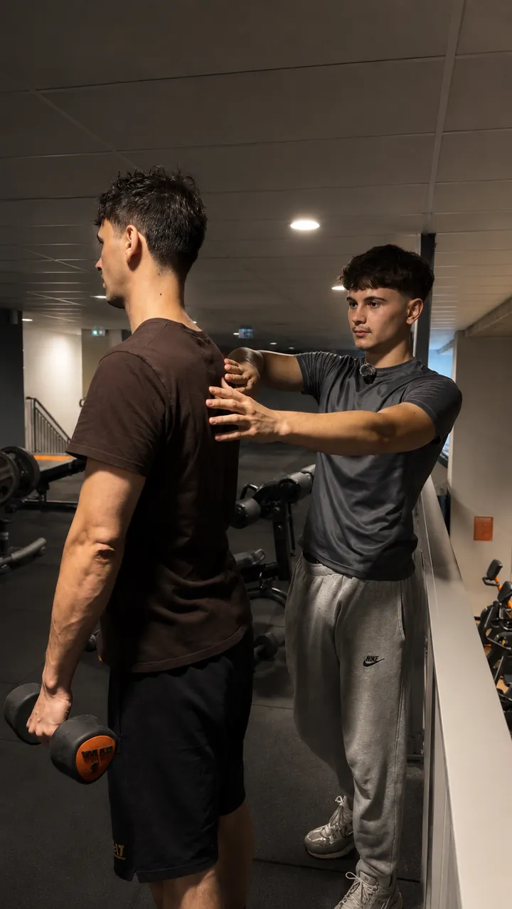 Vladimir vérifie l'alignement du dos d'un client pendant un exercice aux haltères