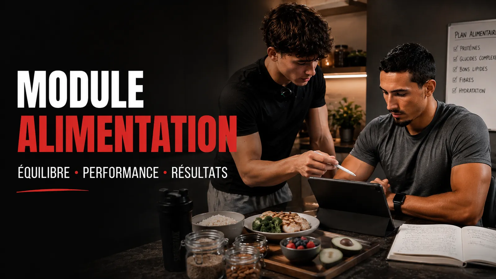 Module Alimentation de Vova Coaching : équilibre, performance, résultats — Vladimir explique un plan alimentaire à un client